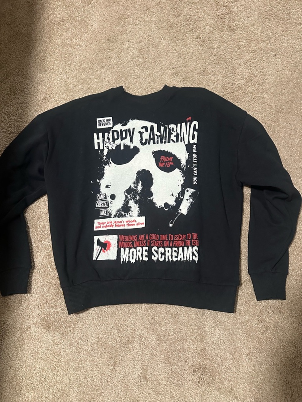 Black 'Happy Camping' Graphic Crewneck Sweatshirt - Horror Print